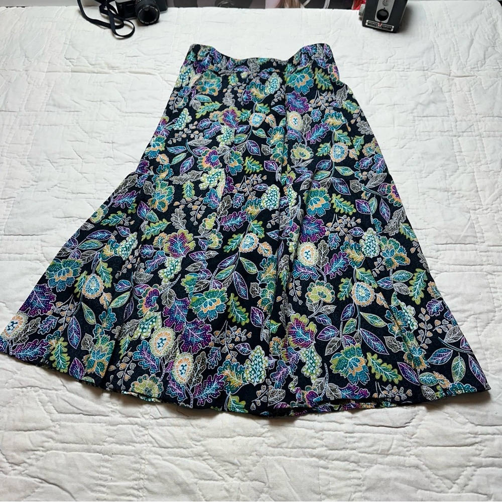 Dark Floral Rayon Midi Skirt |Flowy A-Line Norton McNaughton (Y2K Cottagecore) - Picture 9 of 11
